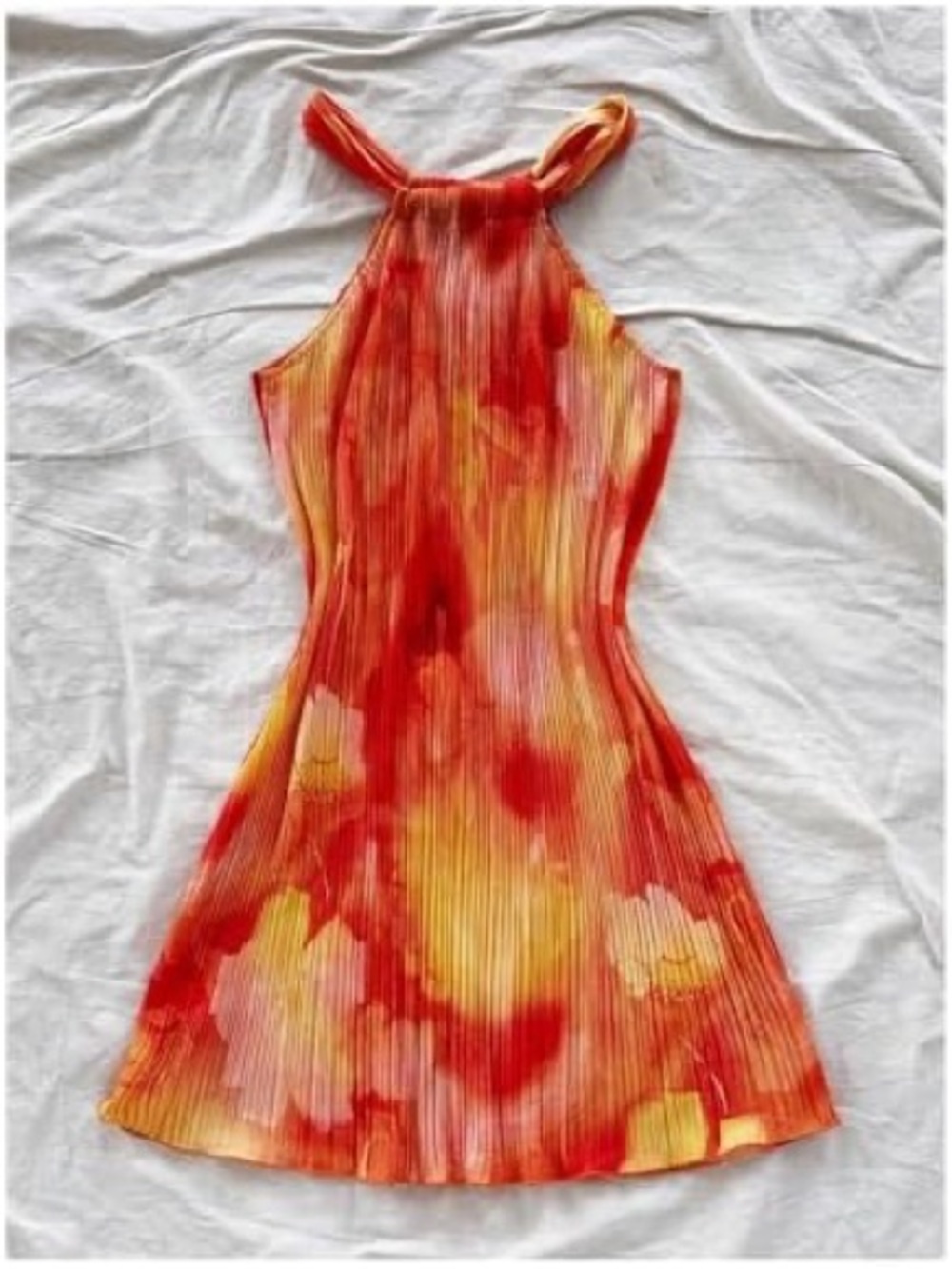 Sleeveless Red & Yellow Tie-Dye Halter Dress